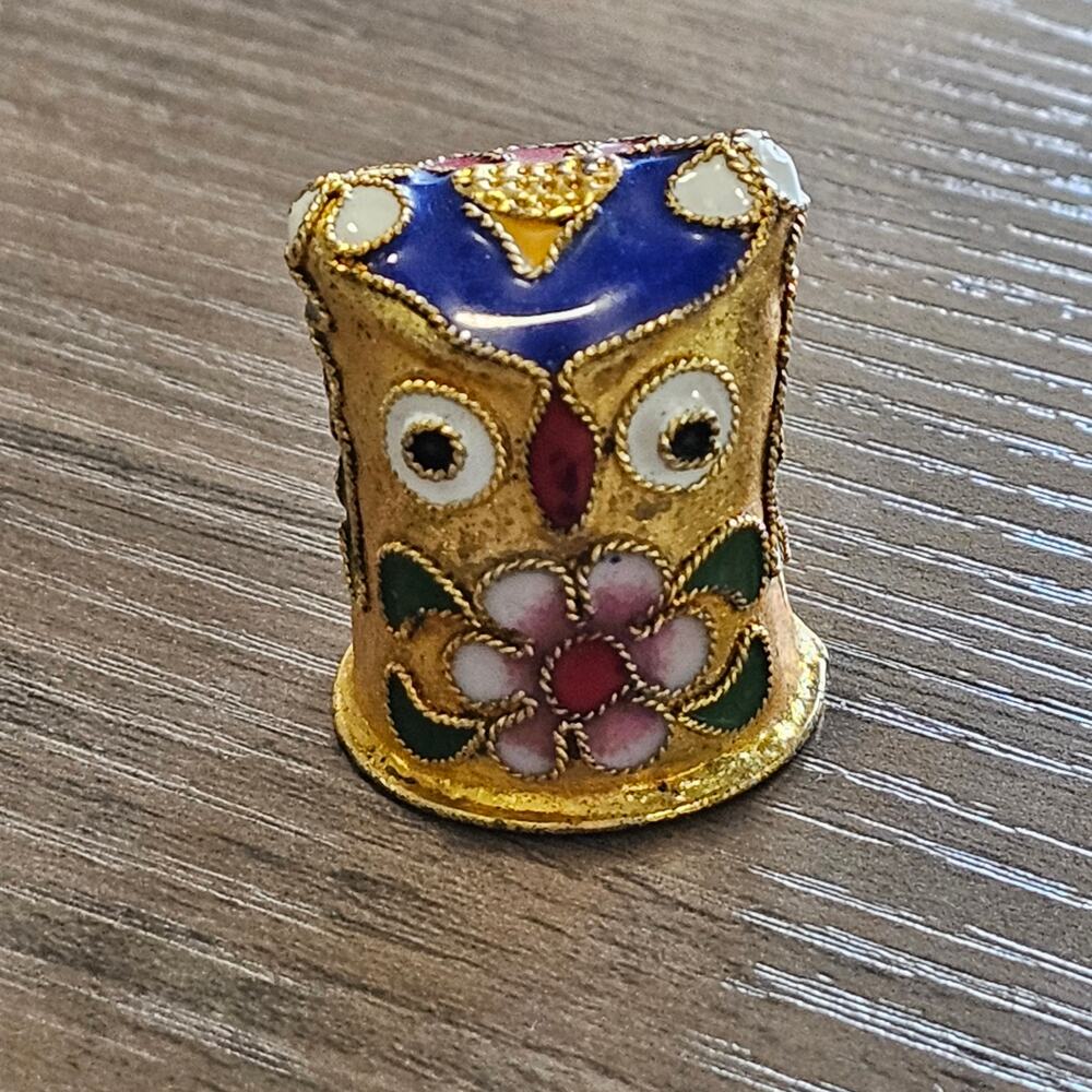 Vintage Cloisonne Gold Owl Thimble with Floral Design
